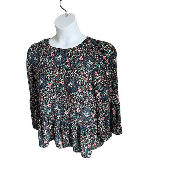J.Crew Floral Geometric Peplum Top Size Large‎ Bohemian Festival Lightweight - Picture 2 of 7
